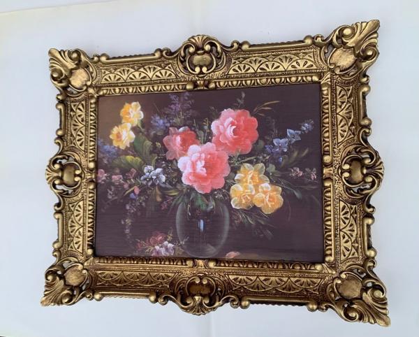 Gerahmte Gemälde Blumen in Vase Schwarz 56x46cm Stillleben Blumen in Barock Rahmen Antik Blumenbild