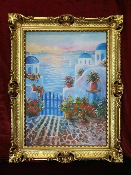 Gerahmte Gemälde 90x70cm Mykonos Insel in Griechenland Paradise Mittelmeer Mittelländisches Meer mediterrane inseln Bild mit Rahmen Gold