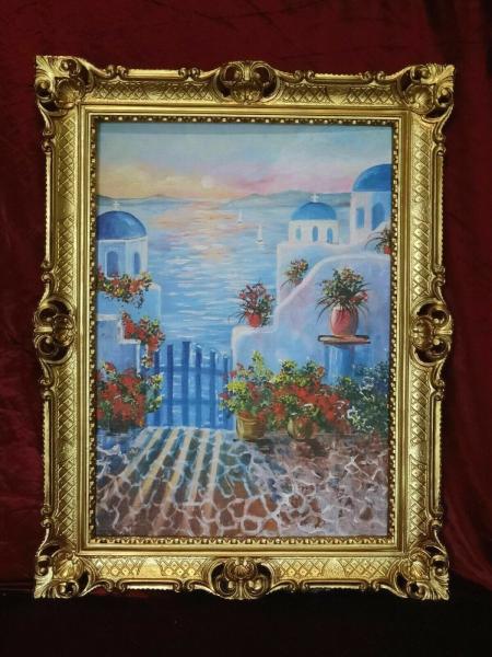 Gerahmte Gemälde 90x70cm Mykonos Insel in Griechenland Paradise Mittelmeer Mittelländisches Meer mediterrane inseln Bild mit Rahmen Gold