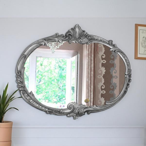 Wandspiegel Barock Oval Antik Silber 52x42 Badspiegel Vintage ovaler Spiegel Prunkspiegel Flurspiegel  C17 A.S