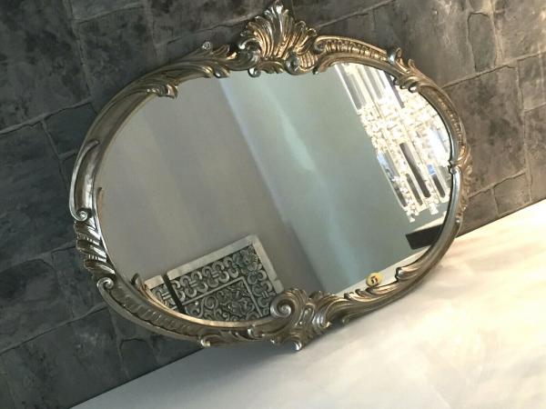 Wandspiegel Barock Oval Antik Silber 52x42 Badspiegel Vintage ovaler Spiegel Prunkspiegel Flurspiegel  C17 A.S