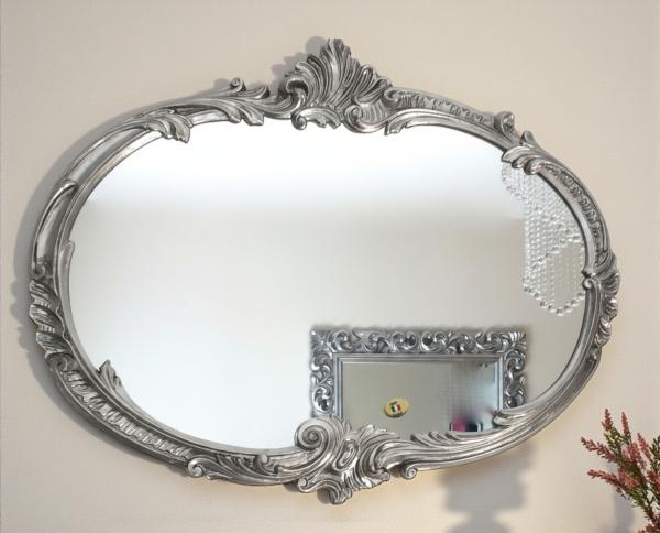 Wandspiegel Barock Oval Antik Silber 52x42 Badspiegel Vintage ovaler Spiegel Prunkspiegel Flurspiegel  C17 A.S