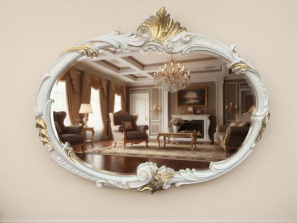 Wandspiegel Barock Oval Antik Stil Elfenbeingold 52x42 Badspiegel Vintage Retro Spiegel Prunk MADE IN ITALY