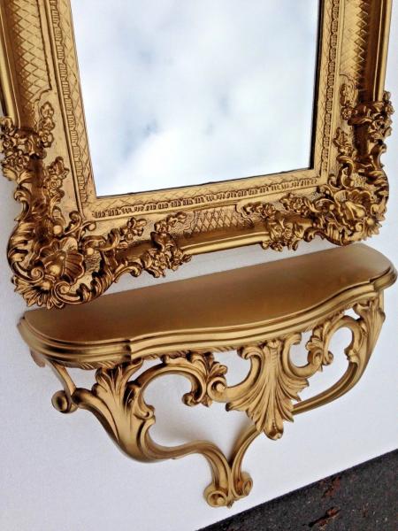 Wandkonsole-Gold-BAROCK in Antikstil Wandablage Spiegelkonsole aufhängbar H: 56 cm Länge : 45 cm Tiefe: 18 cm Hängekonsole cp60 Gold