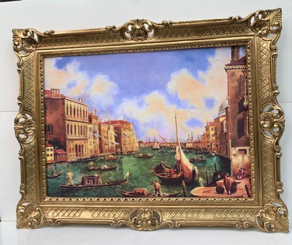 Bild mit Rahmen Gemälde 90x70cm Barock Wandbild Venedig Gondeln Bild Nostalgie
