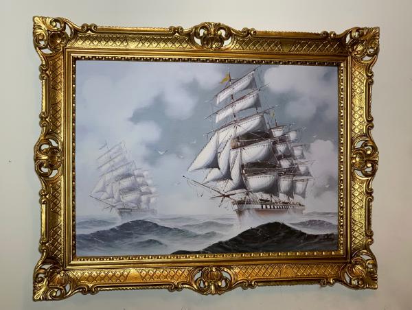 Kunstdruckbild 90x70cm Segelschiffe Gemälde Klassik Seeschlachten Regatten Bild Gerahmte Barockbild