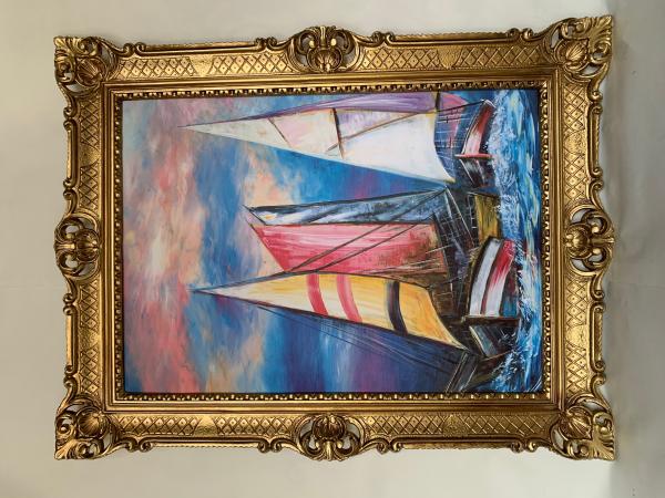 Kunstdruckbild 70x90cm Segelschiffe Gemälde Modern abstrakte Regatten Bild 50x70 Barock Gold Wandbild