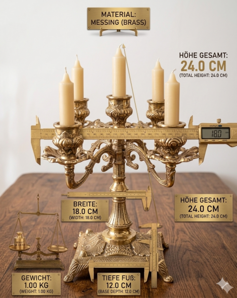 Kerzenständer 5 armig Gold Messing Massiv Mehrarmig Kerzenhalter Messing Kandelaber MADE IN ITALY