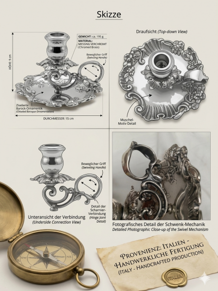 Edler Barock-Kerzenhalter mit Griff | Messing verchromt | Handarbeit Italien Antik-Stil Kammerleuchter