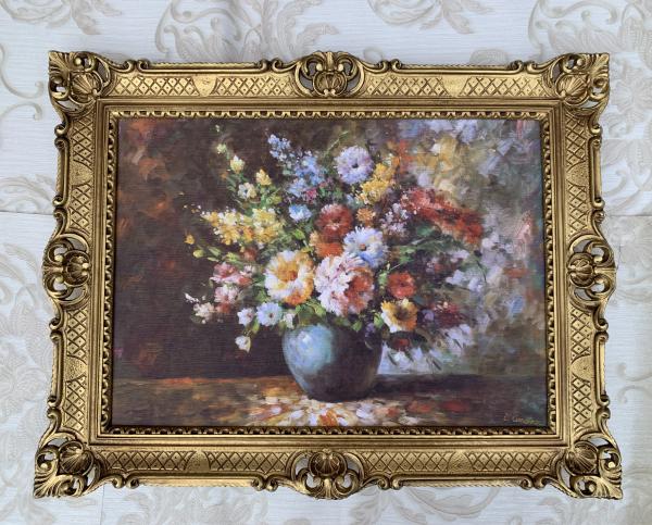Gerahmte Gemälde BLUMEN in Vase Blau Stilleben 90X70 Bilderrahmen Bild mit Rahmen Rosenbilder Blumenbild