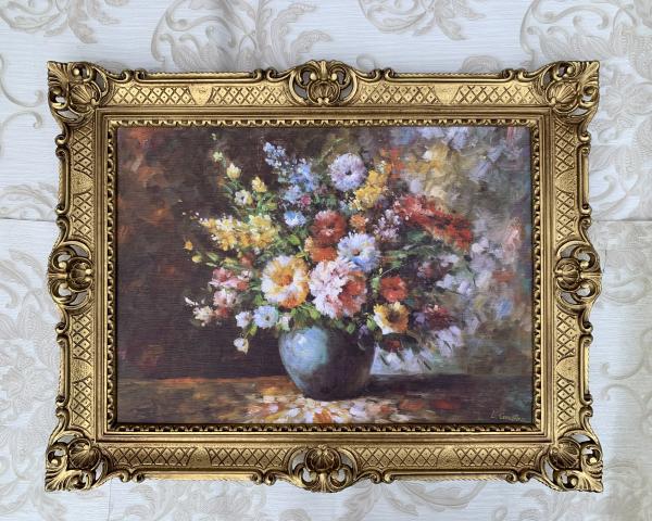 Gerahmte Gemälde BLUMEN in Vase Blau Stilleben 90X70 Bilderrahmen Bild mit Rahmen Rosenbilder Blumenbild