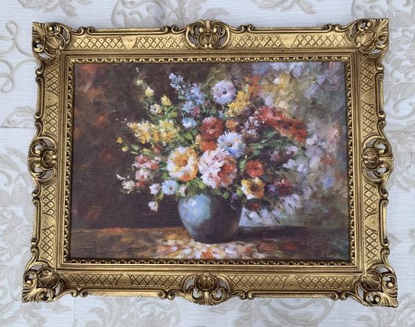 Gerahmte Gemälde BLUMEN in Vase Blau Stilleben 90X70 Bilderrahmen Bild mit Rahmen Rosenbilder Blumenbild