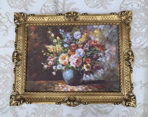 Gerahmte Gemälde BLUMEN in Vase Blau Stilleben 90X70 Bilderrahmen Bild mit Rahmen Rosenbilder Blumenbild