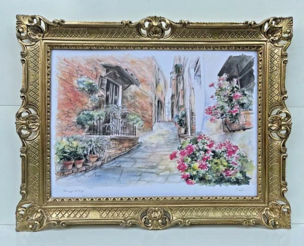 Gerahmte Gemälde Landschaftsbilder 90x70cm Blumen Haus Dorfhaus in Italien Balkon mit Blumen Landschaftsbild