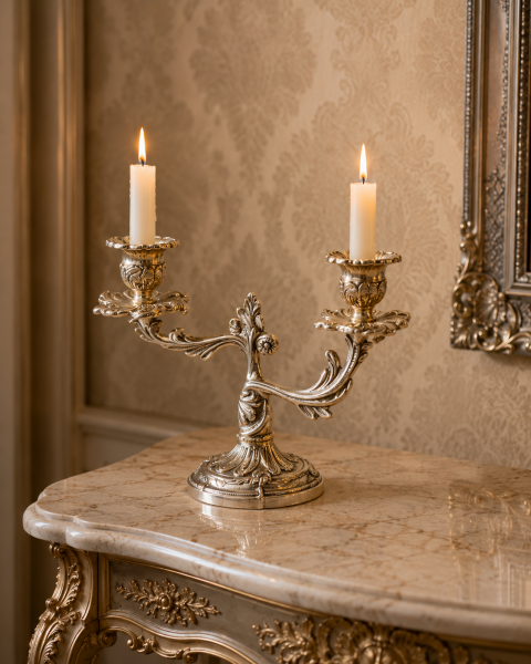 Barock Kerzenhalter Messing 2-flammig – Antik Stil Tischdeko Gold Eleganter Kerzenständer im Barockstil aus Messing  MADE IN ITALY