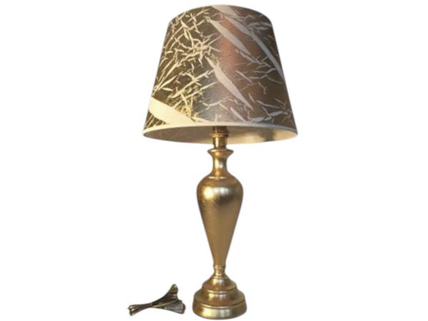 Tischleuchte , Nachttischlampe , Fuss aus Kastanienholz, Tischlampe Lampe 73 cm Gold - Weiß Muster